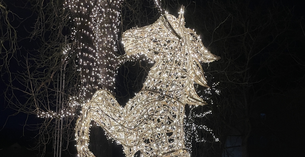 Pferd aus Lichterketten, stehend, ähnelt dem Wappen von Niedersachsen